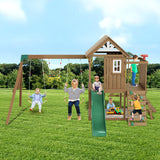 VEVOR Wooden Swing Set, 10 in 1 Playground Sets for Backyards, 2 Swings, 6FT Slide, Trapeze Bar, Flat Step Ladder,Large Upper Fort with Kitchen Toys, Rock Wall, Picnic Table, Sandbox, Scaling Ladder VEVOR