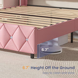 Queen Size Bed Frame with Diamond Headboard, Pink Bed Frame Queen, Upholstered Platform Bed Frame Faux Leather, Adjustable Crystal Button Tufted Headboard, Wood Slat Support, Easy Assembly, Pink HOMBCK