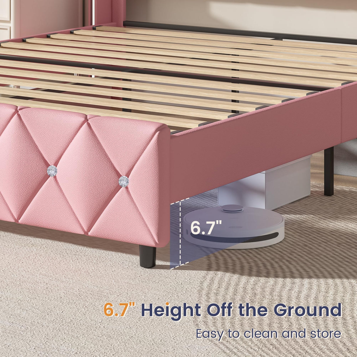 HOMBCK Full Size Bed Frame, Upholstered Bed with Diamond Headboard, Pink Bed Frame Full with Wingback Headboard & Footboard, No Box Spring Needed, Easy Assembly, Pink HOMBCK