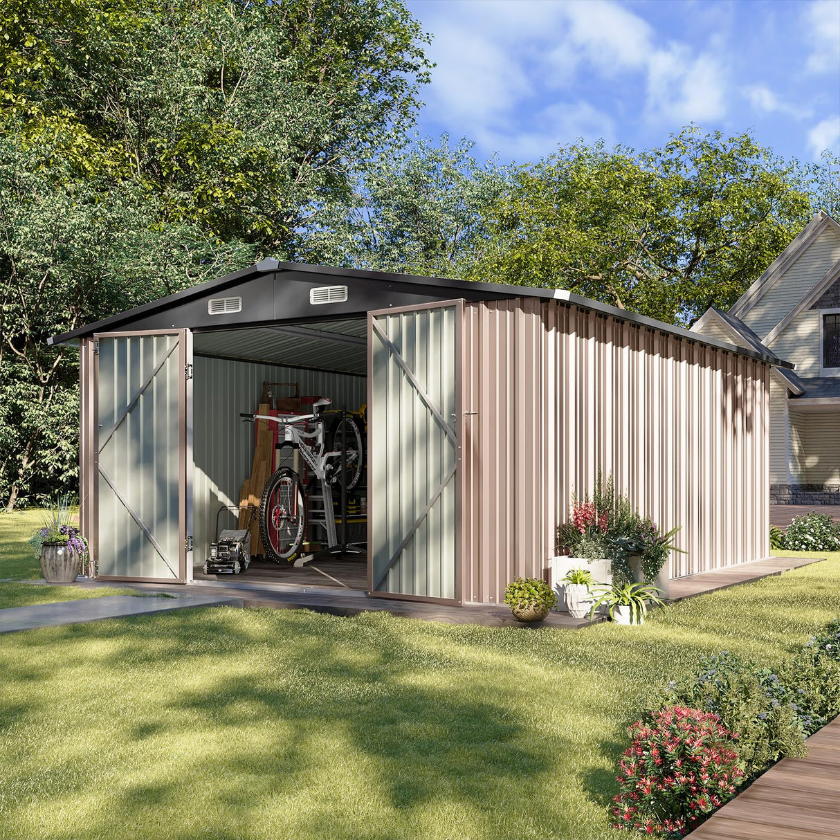 Aoxun 10 x 12FT Outdoor Storage Shed with Double Hinged Large Door Utility Garden Shed with Lockable Door & Sloped Roof Metal Sheds Outdoor Storage for Garden, Backyard, Patio and Backyard, Brown Aoxun