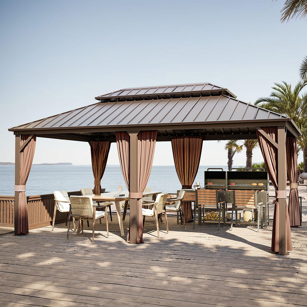 Gardenbee 12x18 ft Gazebo Double Roof Canopy with Netting and Curtains, Outdoor Gazebo 2-Tier Hardtop Galvanized Aluminum Frame Garden Tent for Patio, Backyard, Deck and Lawns Gardenbee