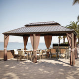 Gardenbee 12x18 ft Gazebo Double Roof Canopy with Netting and Curtains, Outdoor Gazebo 2-Tier Hardtop Galvanized Aluminum Frame Garden Tent for Patio, Backyard, Deck and Lawns Gardenbee