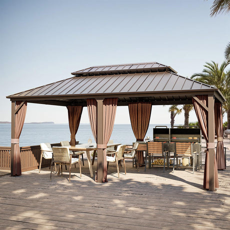 Gardenbee 12x18 ft Gazebo Double Roof Canopy with Netting and Curtains, Outdoor Gazebo 2-Tier Hardtop Galvanized Aluminum Frame Garden Tent for Patio, Backyard, Deck and Lawns Gardenbee