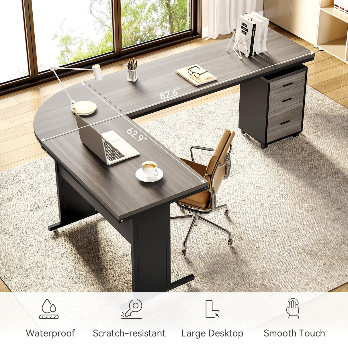LITTLE TREE 82.67" Long Executive Desk with Drawers, Large L-Shaped Office Desk with Mobile File Cabinet, Farmhouse Computer Office Furniture Work Desk with Storage for Home Office, Gray LITTLE TREE