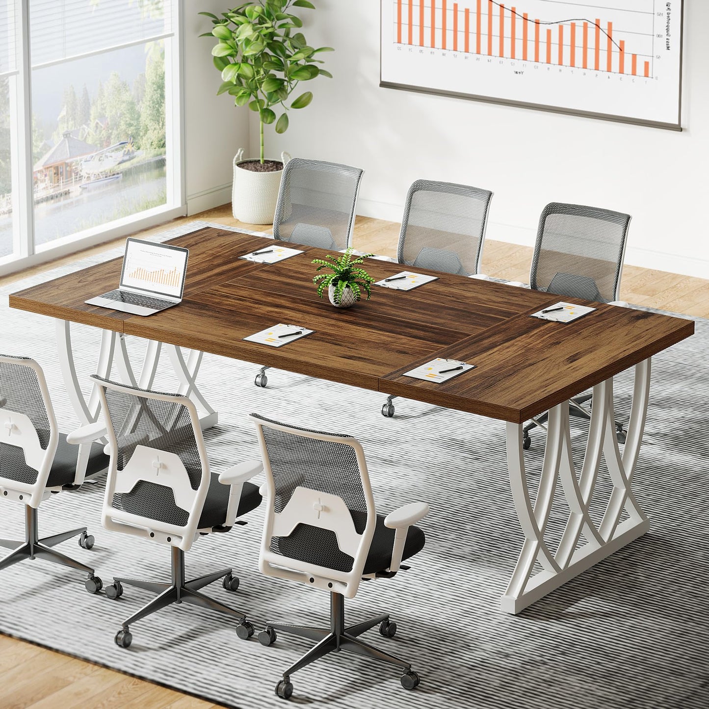 Tribesigns 6 ft Conference Table for 6-8 People, 70.86-Inch Rectangle Conference Table Meeting Seminar Table with Unique Curved Metal Support for Home Office (Retro Brown & White, Without Cha - WoodArtSupply