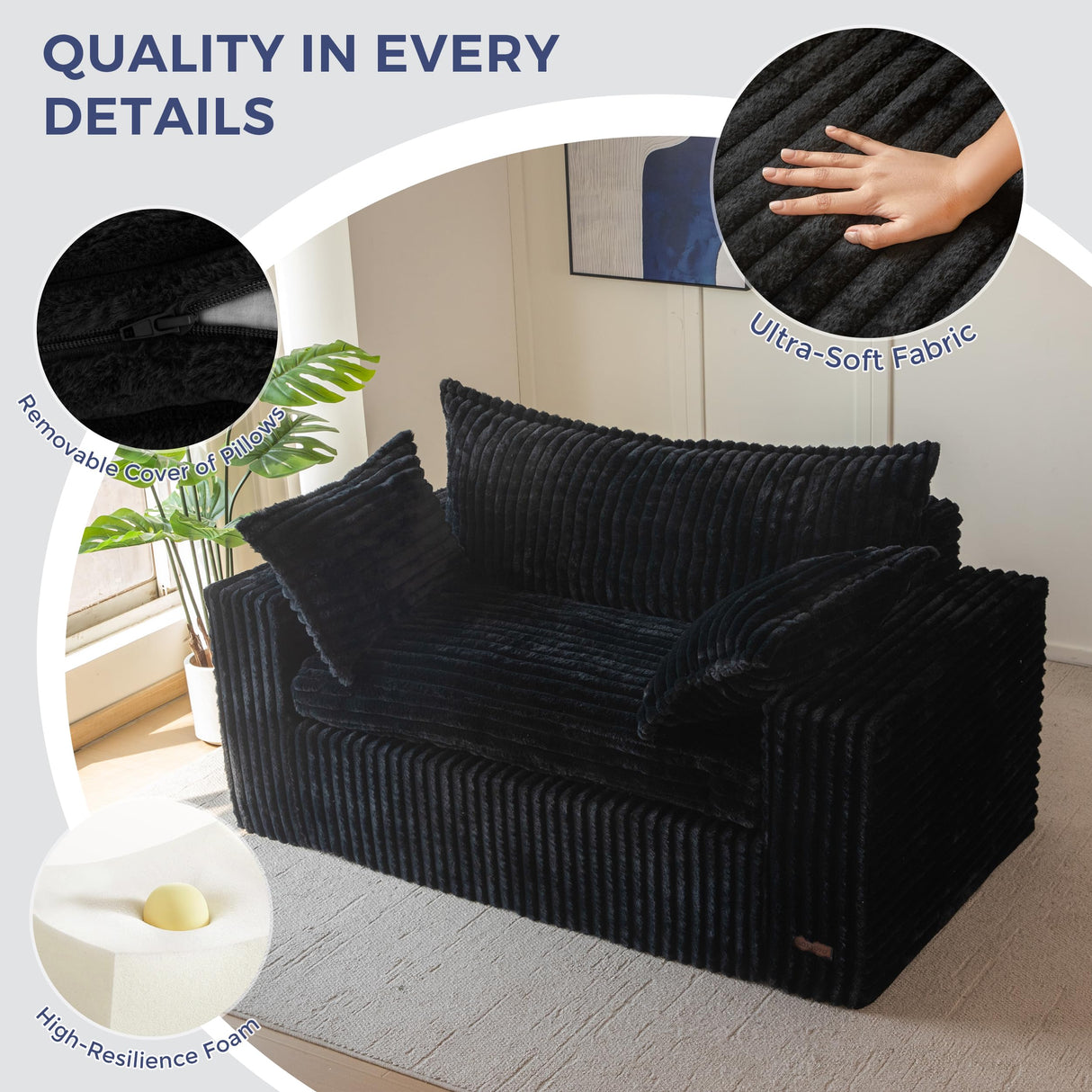 MAXYOYO Bean Bag Chair for Living Room, Upholstered Loveseat Sofa Couch with Deep Seating, Wide Armrests Boneless Couch Sofa in a Box for Bedroom Office Apartment, No Assembly, Black MAXYOYO