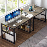 Tribesigns Two Person Desk with Bookshelf, 78.7 Computer Office Double Desk for Two Person, Rustic Writing Desk Workstation with Shelf for Home Office (Grey) Tribesigns
