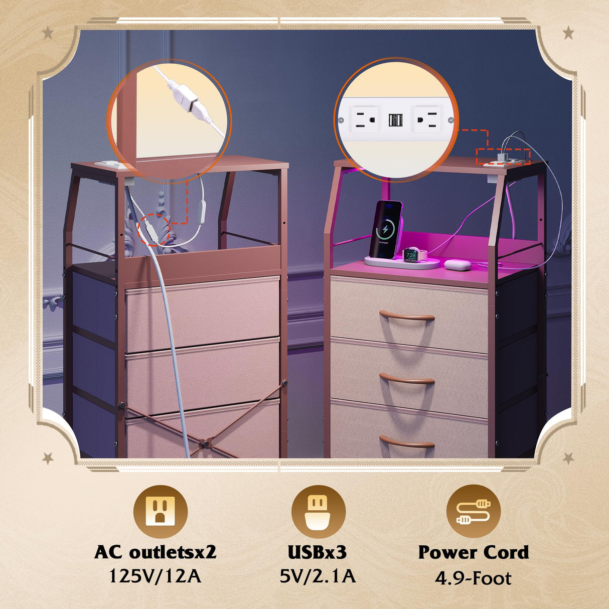 WLIVE 4 Drawer Dresser for Bedroom, 37" H Nightstand with Charging Station and Led Light, Tall Night Stand Bed Side Table, End Table with USB Ports and Outlets, Fabric Bins, Wood Shelf, Pink WLIVE