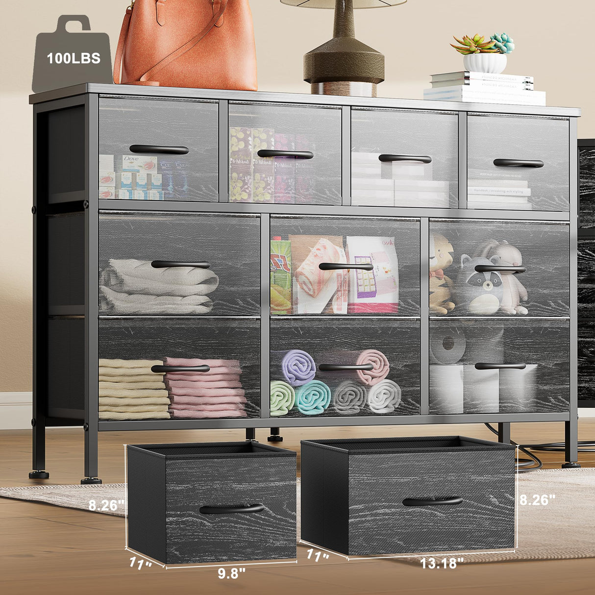 Lulive Dresser for Bedroom 10 Drawer Dresser TV Stand with Power Outlet, Entertainment Center Chest of Drawers for 55 Inch TV, Black Fabric for Bedroom Living Room Hallway Closets Lulive