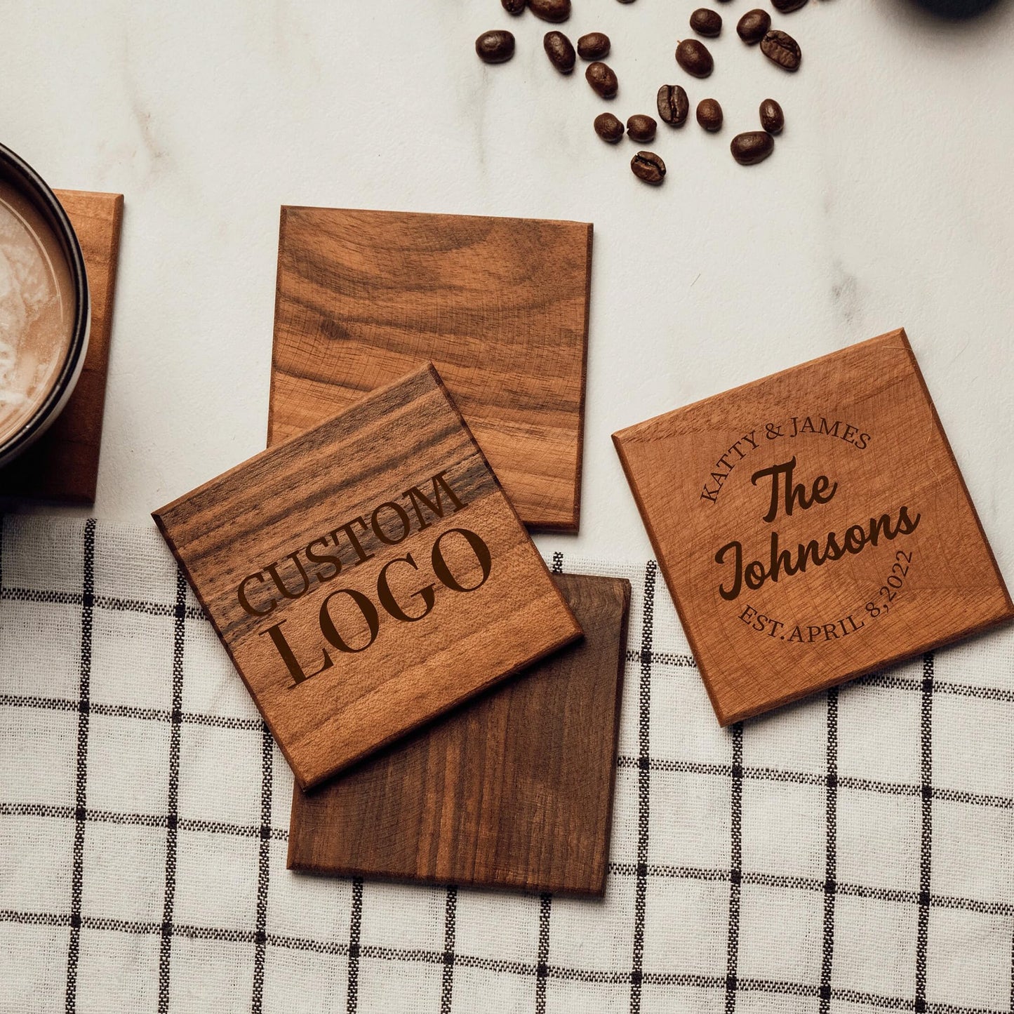 Logo Wooden Coaster, Engraved Wood Coaster, Custom logo Coaster, Walnut Wood Coaster, Business Gift, Corporate Gift, Office Table Decor (4" (10 cm) Square) - WoodArtSupply