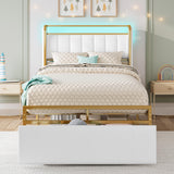 LIKIMIO Twin Size Bed Frame with Armrests Headboard & RGB Light, Upholstered Twin Size Bed Platform with Drawers, No Box Spring Needed, Study & No Noise, Modern Gold and White LIKIMIO