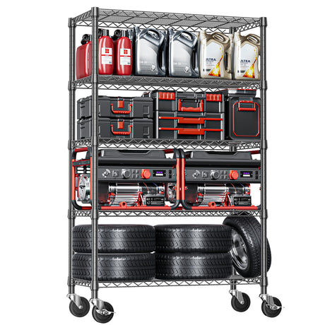 IZEUK 5-Tier Adjustable Heavy Duty Steel Wire Shelving Unit with Wheels, Storage Rack Organizer for Garage, Kitchen, Office, Laundry, Basement (Black, 17.7" D x 47.2" W x 76.7" H, 1750 lbs Capacity) IZEUK