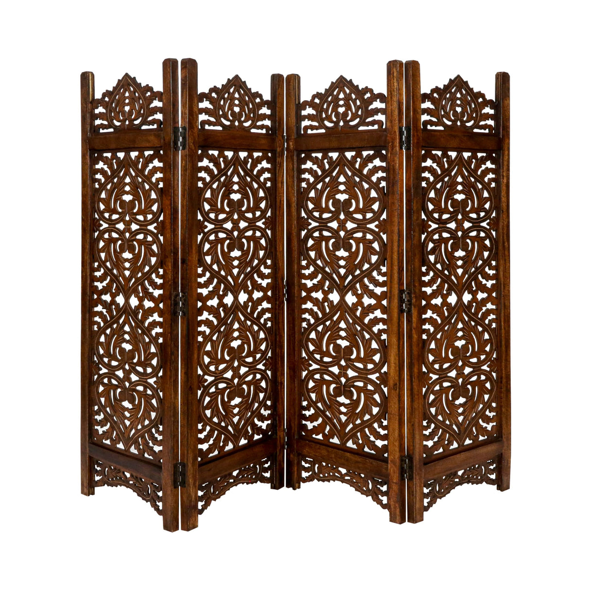 Light & Pro Wood Heart Design Handmade Hinged Foldable Partition 4 Panel Room Divider Screen with Intricately Carved Designs, Pre Assembled - Ready to Use - 48" x 1" x 64", Burnt Light & Pro