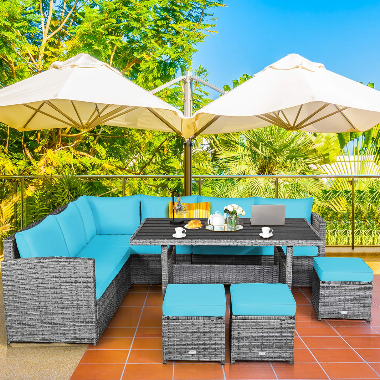 Tangkula 7 Pieces Patio Furniture Set, Outdoor Sectional Rattan Sofa Set with Cushions, All Weather Wicker Conversation Couch Set w/Dining Table & Ottomans for Backyard Garden Poolside (Turquoise) Tangkula