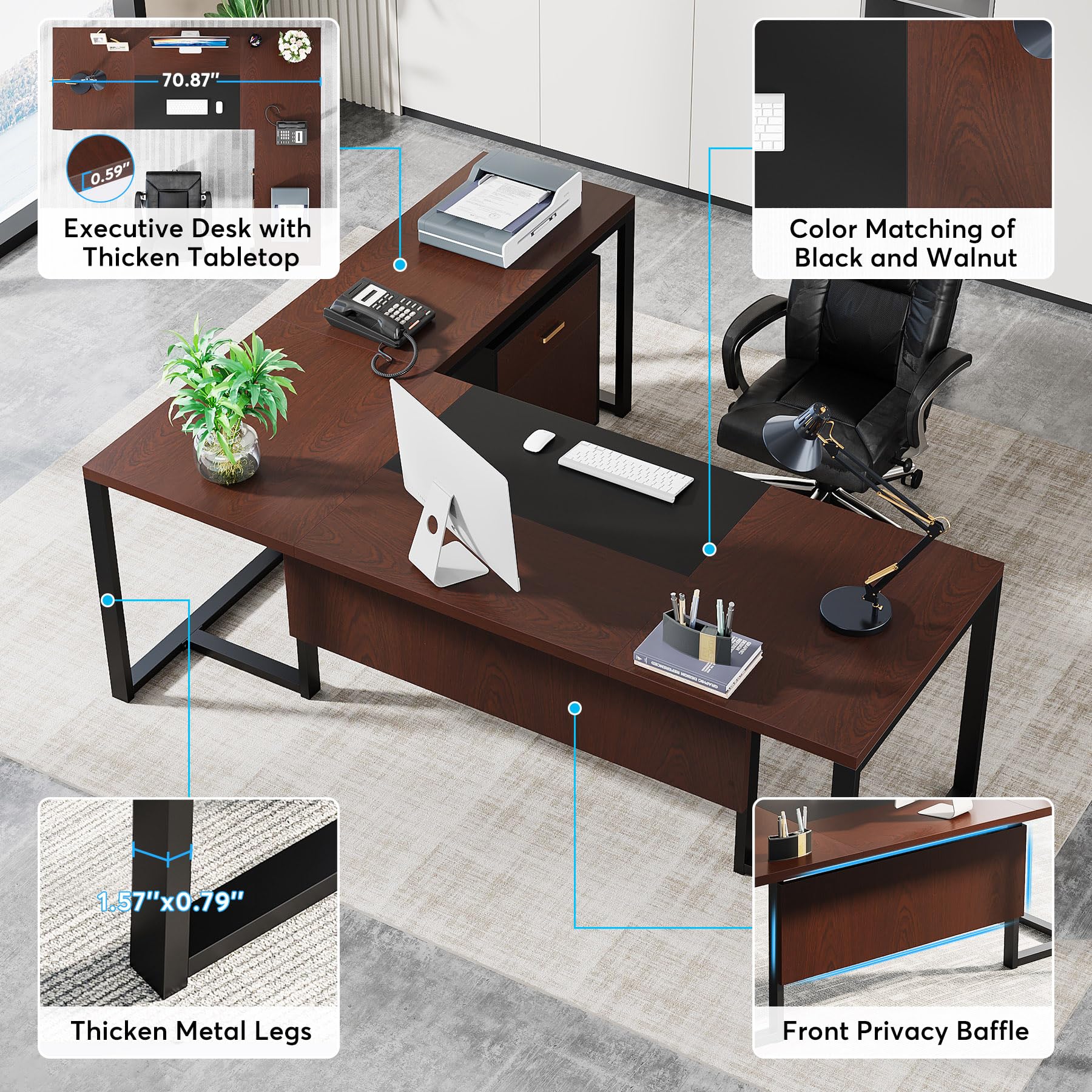 Tribesigns 70.8" L-Shaped Executive Desk with Drawer Cabinet, Large Executive Office Desk with Separate File Cabinet, Home Office Desk Workstation Business Furniture Set, Dark Walnut - WoodArtSupply