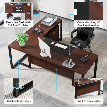 Tribesigns 70.8" L-Shaped Executive Desk with Drawer Cabinet, Large Executive Office Desk with Separate File Cabinet, Home Office Desk Workstation Business Furniture Set, Dark Walnut - WoodArtSupply