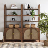 Nathan James Paxton Boho Arched Bookshelf Cabinet with Solid Wood Frame and Rattan Base, Dark Acacia, Set of 2 Nathan James