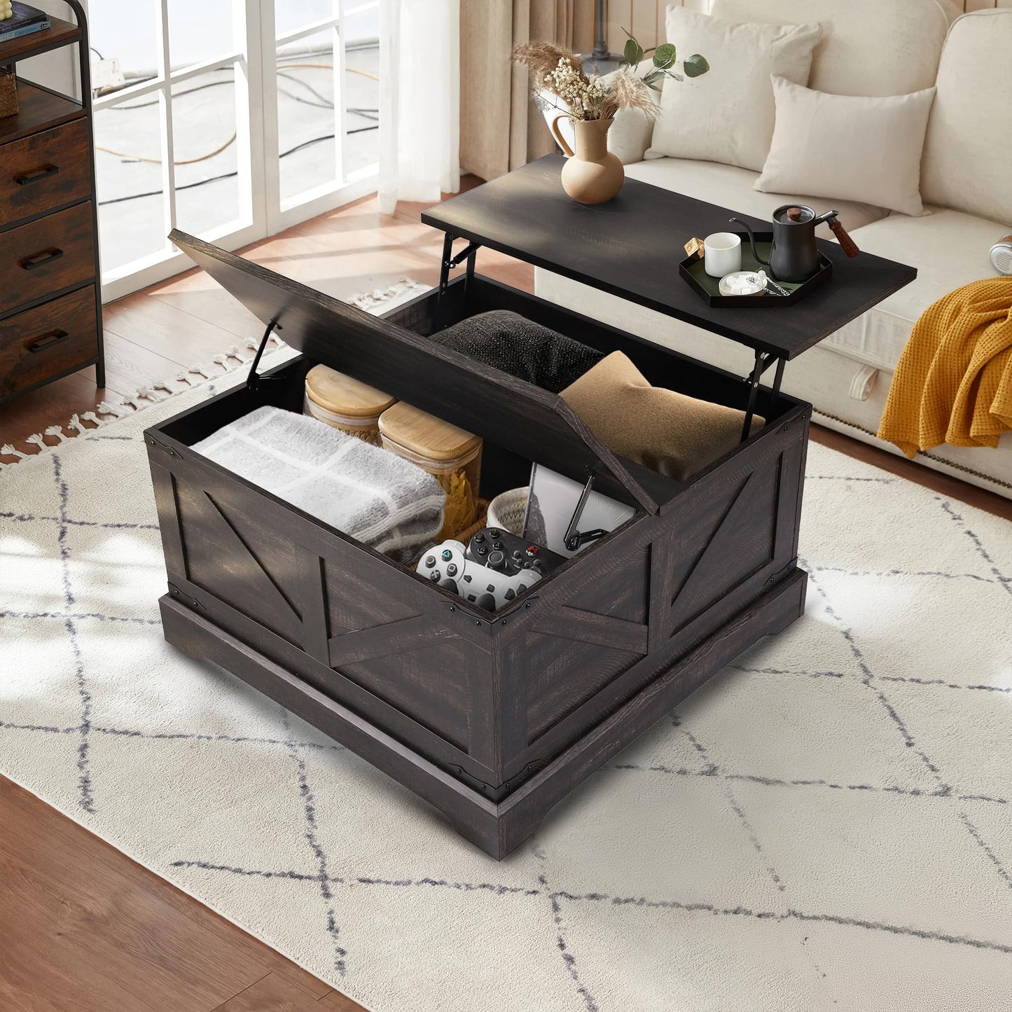 KIGOTY Lift Top Coffee Table with Storage, 31.5" Square Coffee Table, Rustic Storage Coffee Table,Farmhouse Center Table with Hidden Compartment for Living Room,Black