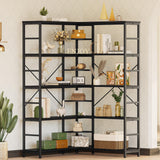 IRONCK Industrial Bookcases and Bookshelves, 5-Tiers Corner Bookcase with Curved Panels, L Shaped Shelf with Metal Frame for Open Storage for Living Room Home Office, Black IRONCK