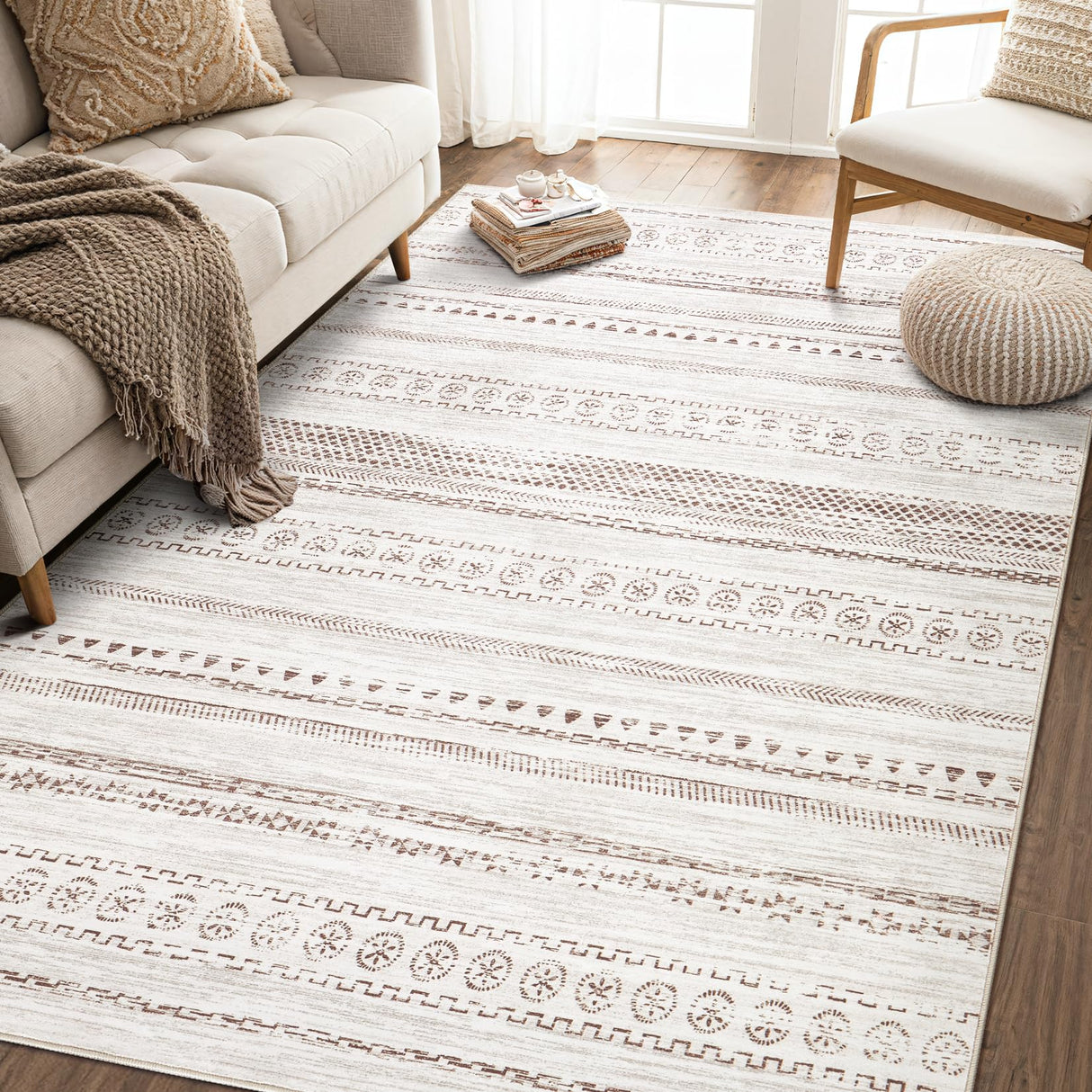 Area Rug Living Room Rugs - 5x7 Washable Boho Farmhouse Bohemian Neutral Large Moroccan Geometric Soft No Slip Indoor Rug Thin Floor Carpet for Bedroom Under Dining Table Home Office - Brown kakania