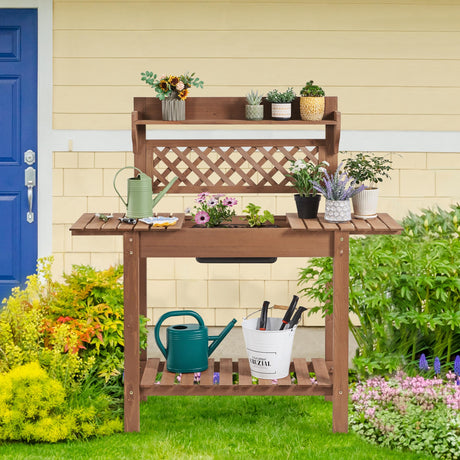Yaheetech Potting Bench Table Outdoor Garden Horticulture Wooden Workstation Benches w/Sliding Tabletop/Removable Sink/Storage Shelf for Patio, Garden Furniture Wood Workstation,Brown Yaheetech