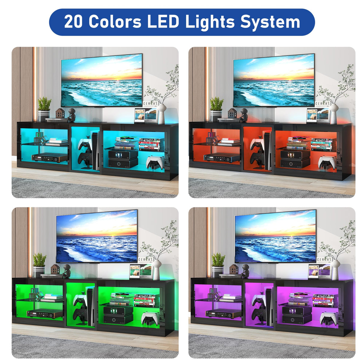 Vinctik 6&Fox LED TV Stands for Living Room w/60,000-Colors Lights&6.5ft Power Outlet for 55 60 65 70inch TV,Modern High Gloss LED Black Entertainment Center w/Adjustable Shelves for Gameroom/Bedroom Vinctik 6&Fox