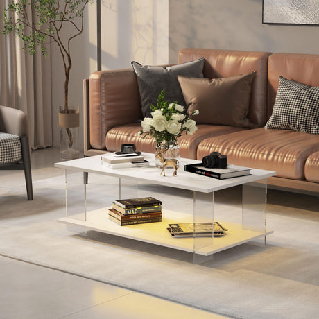 HedoAjim 43" Acrylic Coffee Table with Wood Top, Minimalist Stylish Modern Rectangular Center Tables for Living Room, Led Living Room Table with Storage Shelf & Acrylic Frame for Small Space HedoAjim