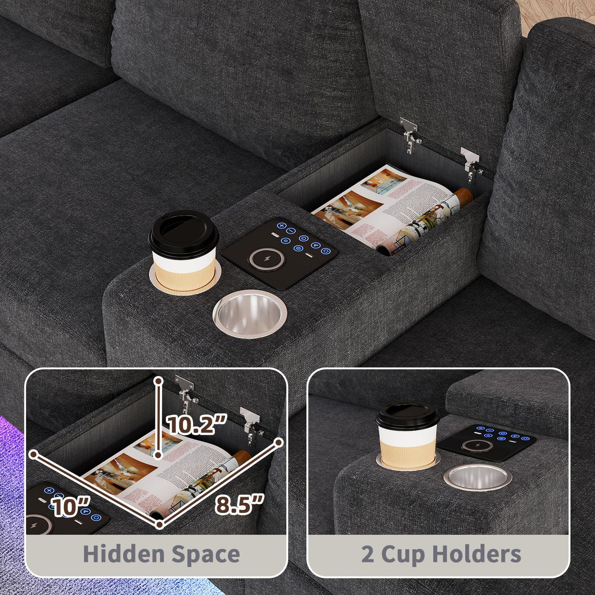 ZSDT Sectional Couches for Living Room, 6 Seat Sectional Sofa Smart Module-Bluetooth Speaker/RGB Light/Charging Station, Chenille U Shaped Couch with 2 Movable Storage Ottomans (Dark Grey) ZSDT