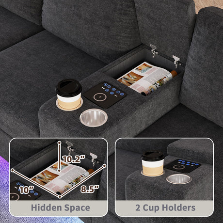 ZSDT Sectional Couches for Living Room, 6 Seat Sectional Sofa Smart Module-Bluetooth Speaker/RGB Light/Charging Station, Chenille U Shaped Couch with 2 Movable Storage Ottomans (Dark Grey) ZSDT