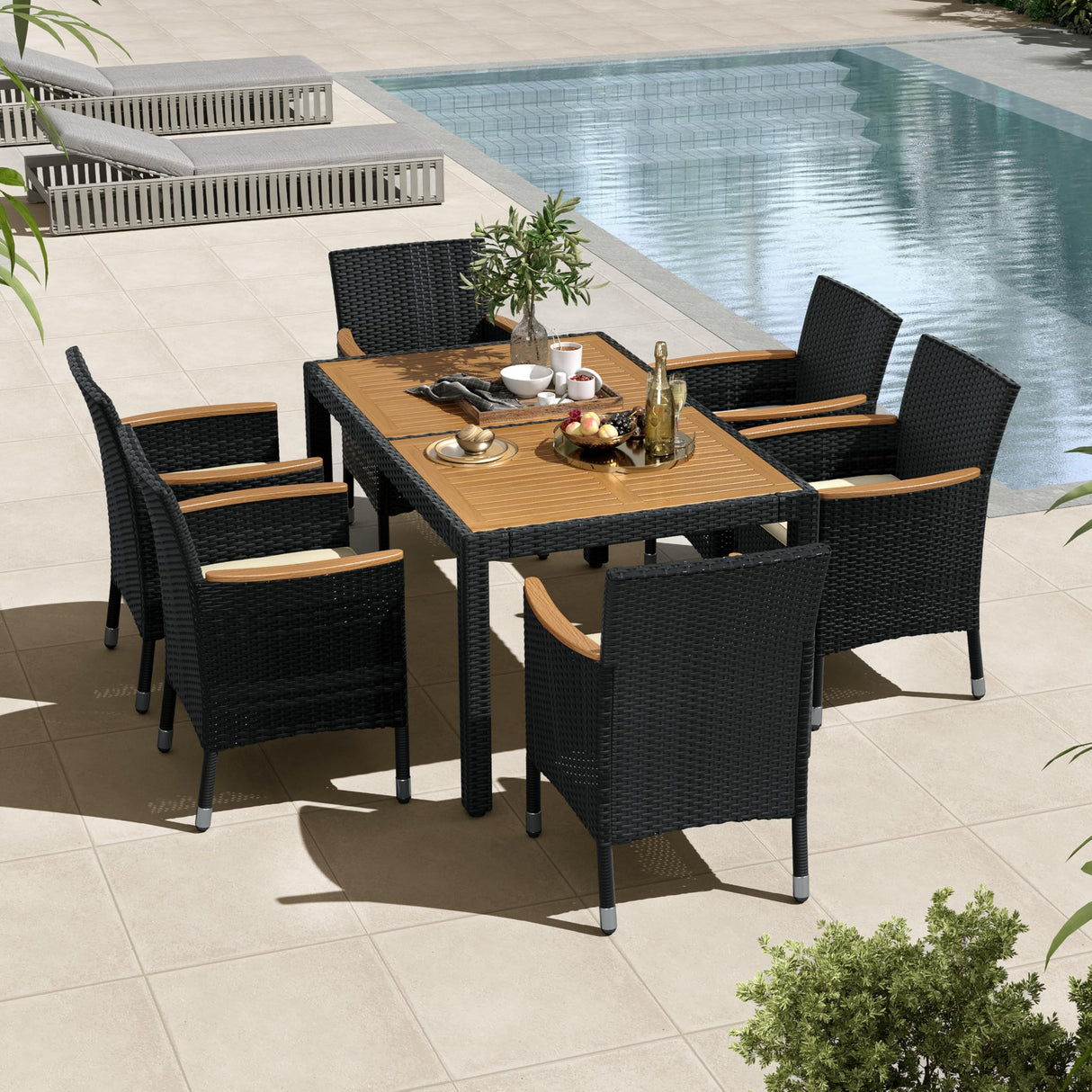 Yaheetech 7 Piece Patio Furniture Set, Outdoor Dining Acacia Wood Table Top Rattan Conversation Set with Soft Cushions, 6 Chairs & 1 Table for Backyard, Deck, Garden & Yard, Black/Beige Yaheetech
