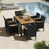 Yaheetech 7 Piece Patio Furniture Set, Outdoor Dining Acacia Wood Table Top Rattan Conversation Set with Soft Cushions, 6 Chairs & 1 Table for Backyard, Deck, Garden & Yard, Black/Beige Yaheetech