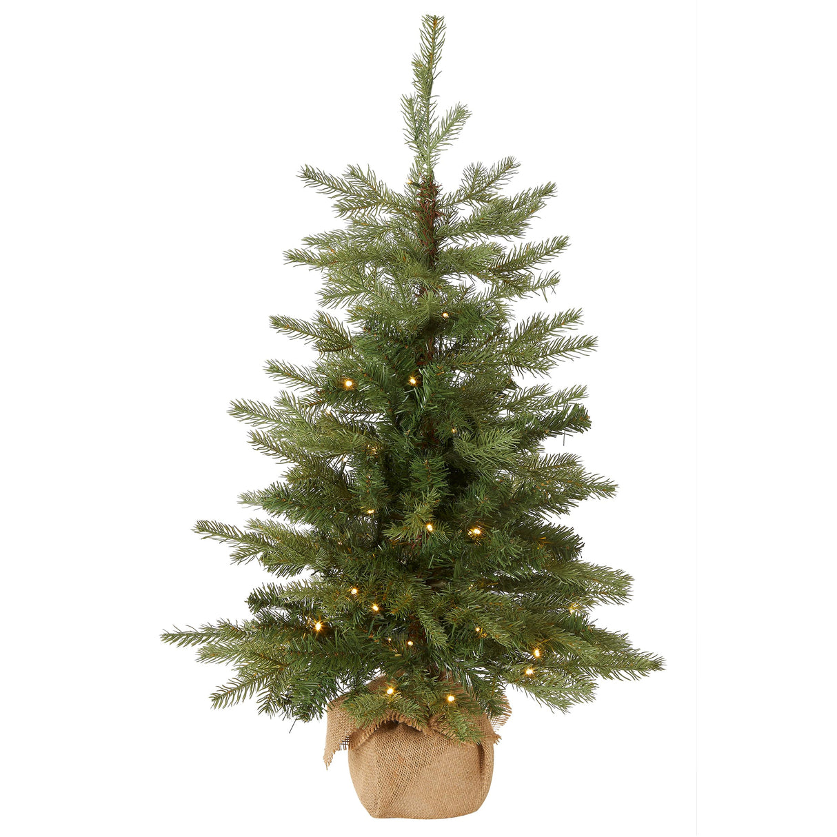 National Tree Company Pre-Lit 'Feel Real' Artificial Mini Christmas Tree, Green, Nordic Spruce, White Lights, Includes Burlap Bag Base, 3 Feet National Tree Company