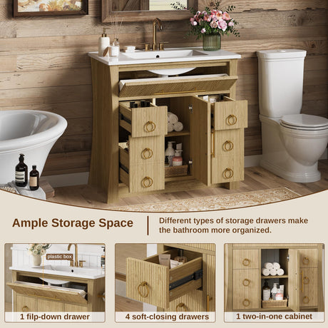 IRONCK 36" Bathroom Vanity with Sink, Freestanding Bathroom Sink Cabinet with 4 Drawers & 1 Flip-Down Drawer, Wood Grain Texture, Metal Handle, Farmhouse IRONCK
