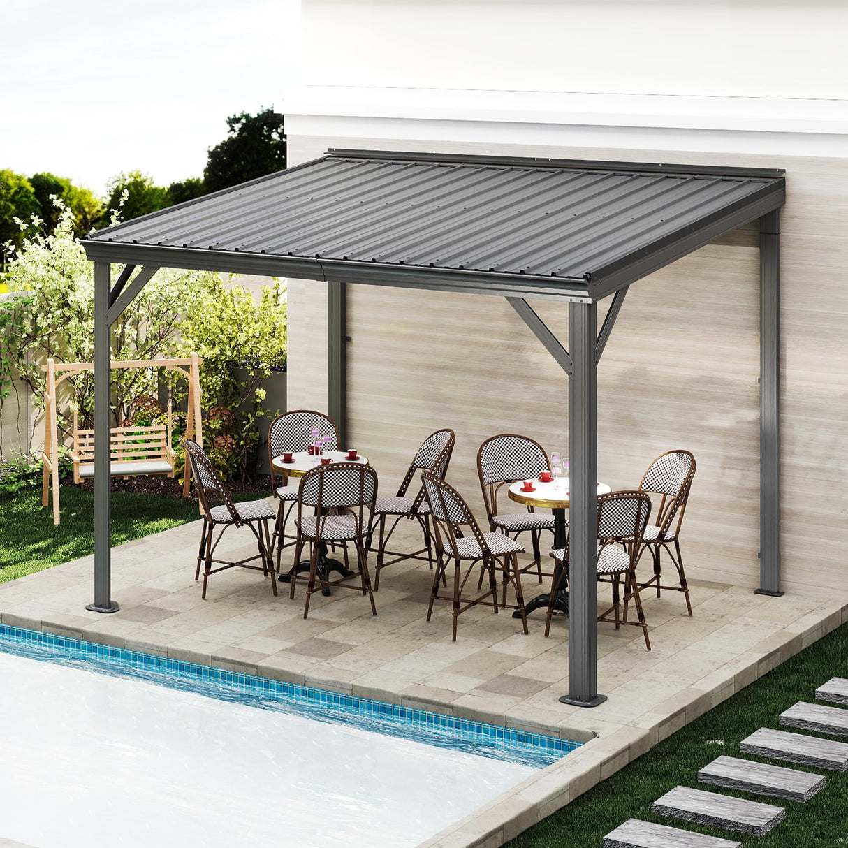 Domi 8x10FT Lean to Gazebo, Outdoor Hardtop Wall Mounted Gazebo with Sloping Galvanized Steel Roof, Upgraded Heavy Duty Mounted Shelter with Drainage System for Deck, Porch, Backyard domi outdoor living