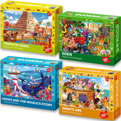 QUOKKA 60 Piece Kids Puzzles Ages 5-8 - Set of 4 Bible Jigsaw Puzzles for Kids 4-6-10 Year Old - Tower of Babel | Noah`s Ark | Eden Toys for Children 5-7 yo - Christian Gifts for Boys & Girls