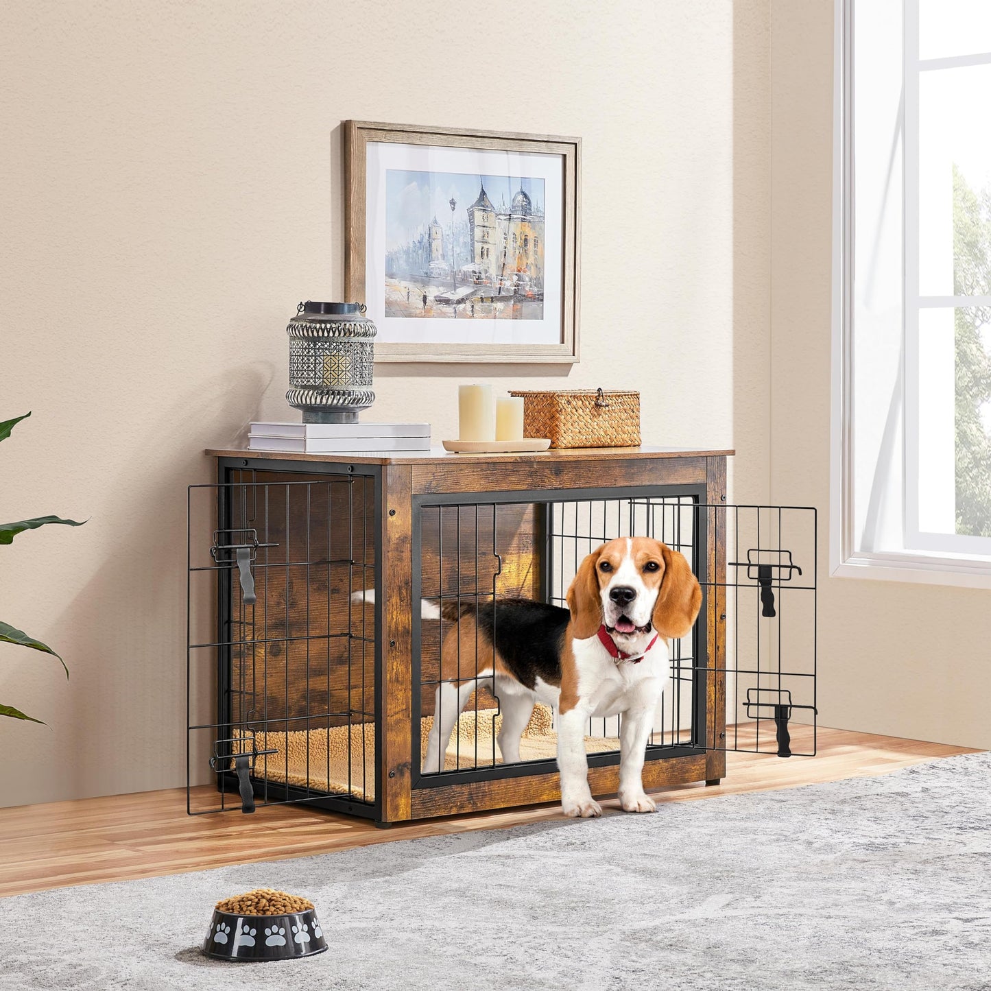 Yaheetech 32'' Dog Crate Furniture with Cushion Wooden Dog Crate with Double Doors/Adjustable Feet Side End Table for Small/Medium Dogs