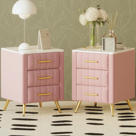 Merax Nightstand with Drawers Set of 2, Upholstered Wood Bedside End Table with Marbling Top, Pink Merax