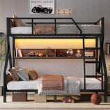 Bellemave Bunk Beds Twin Over Full Size with Storage Shelves & LED Light, Metal Twin Over Full Bunk Bed Frame with Wood Board & Sturdy Slats, Heavy Duty Bed Frame, Noise Free, Black Bellemave