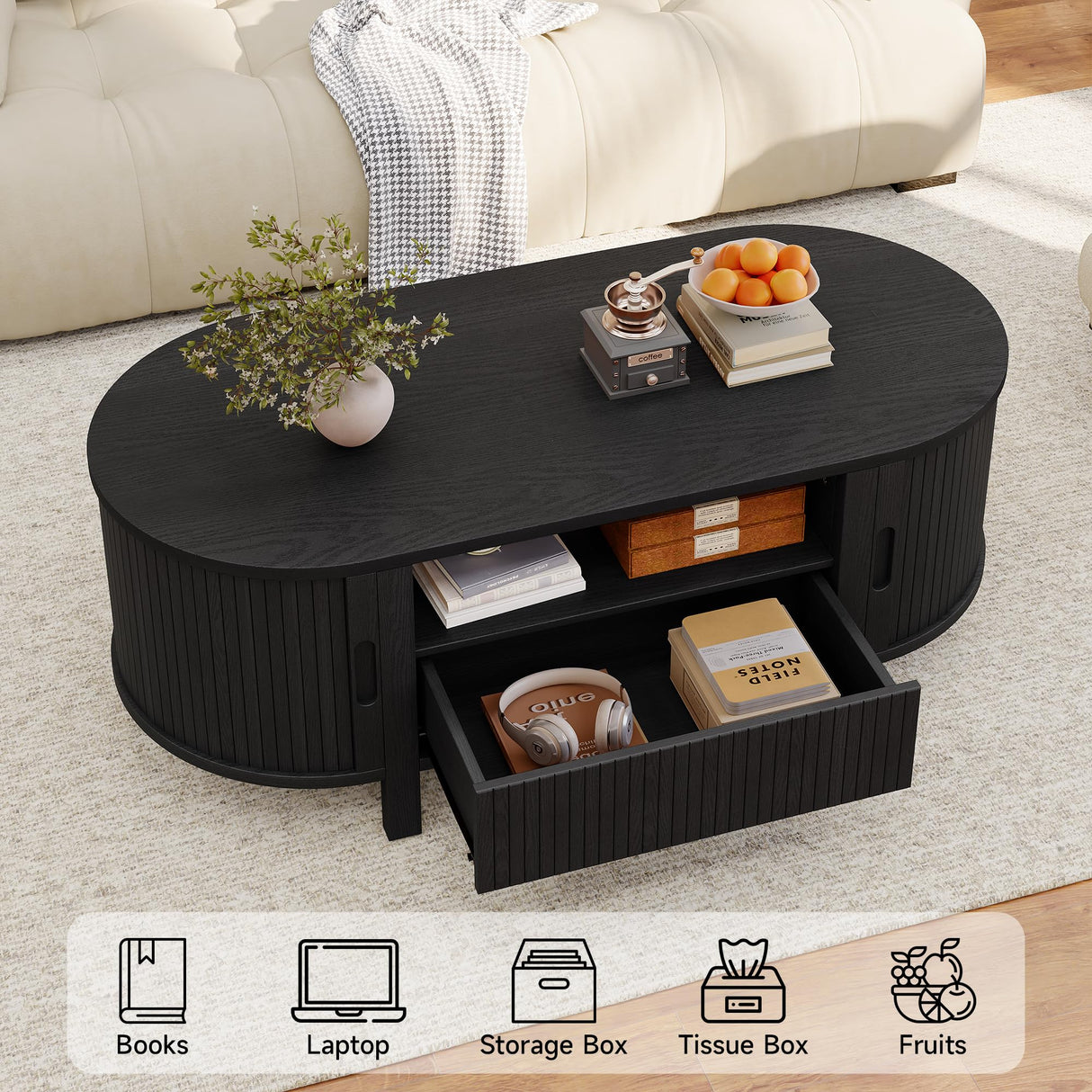 47 Inch Oval Coffee Table, Fluted Coffee Tables with Storage, Mid-Century Modern Living Room Tables, Center Table with Sliding Door and Wood Handle for Living Room, Black ComfyCorner