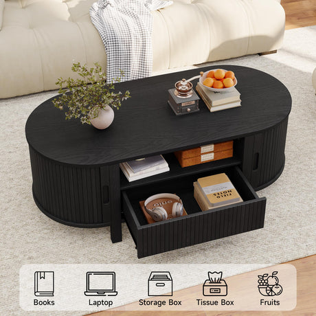 47 Inch Oval Coffee Table, Fluted Coffee Tables with Storage, Mid-Century Modern Living Room Tables, Center Table with Sliding Door and Wood Handle for Living Room, Black ComfyCorner
