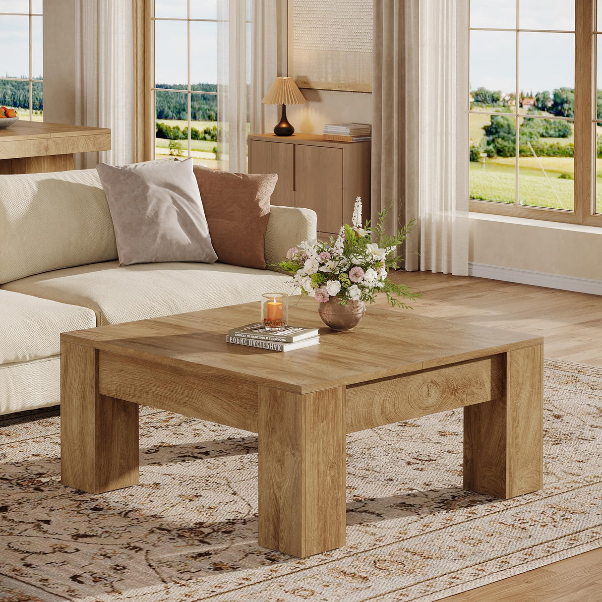 Tribesigns Square Coffee Table, 39-Inch Farmhouse Wooden Coffee Table with Sturdy Legs, Rustic Accent Center Table for Living Room, Easy Assembly, Light Brown Tribesigns