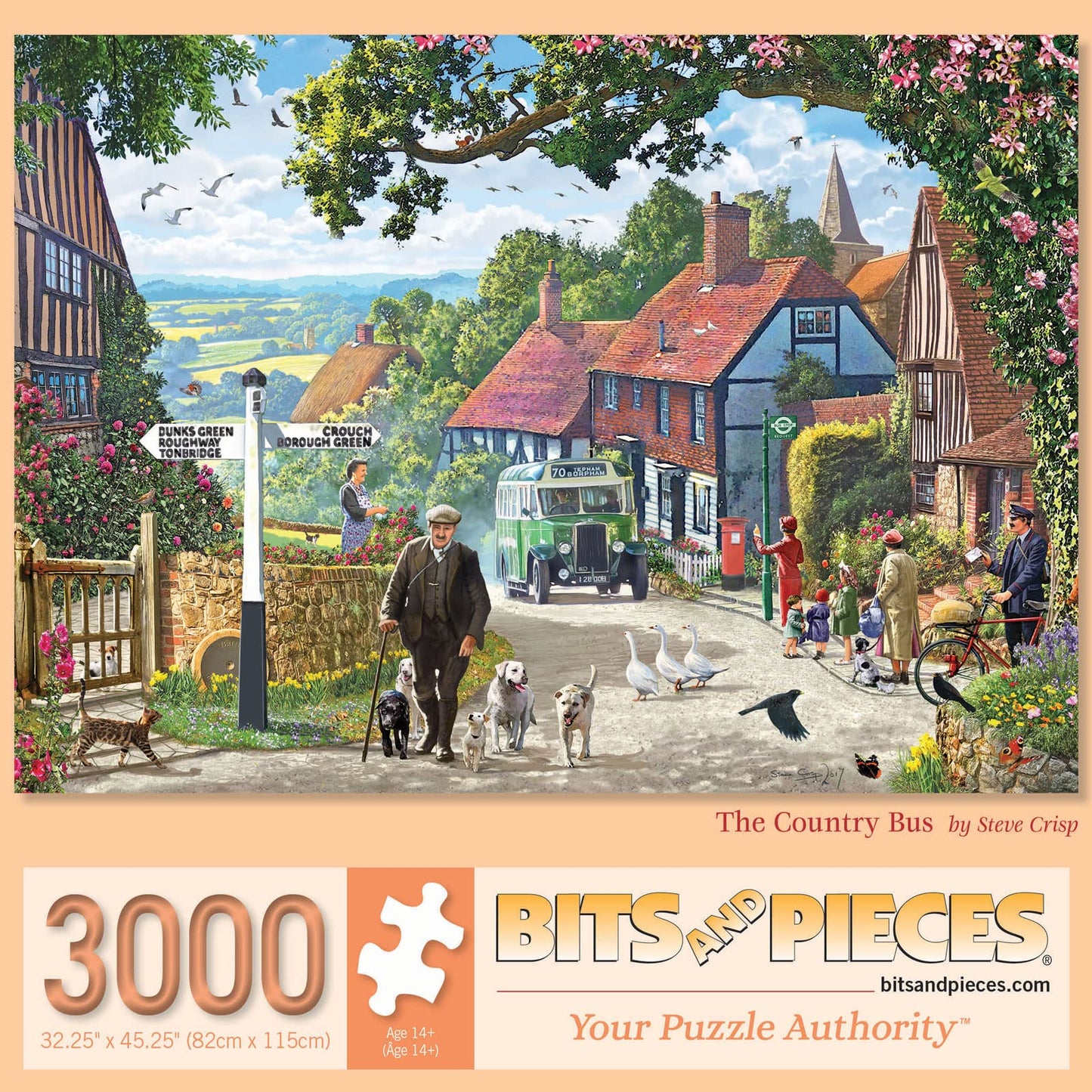 Bits and Pieces – 3000 Piece Jigsaw Puzzle for Adults – The Country Bus - Small Town in The English Countryside Jigsaw Puzzle by Artist Steve Crisp, Completed Puzzle Size: 32-1/2" x 45-1/4"