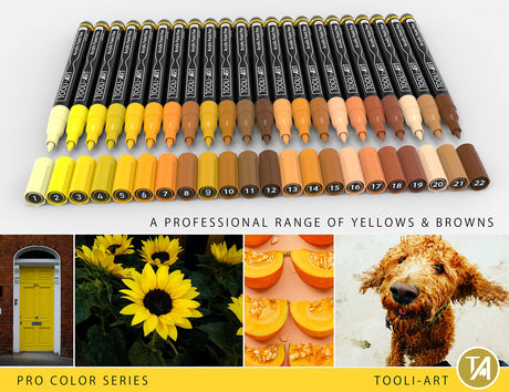 Acrylic Paint Pens 22 Yellow & Brown Tones Assorted Pro Color Series Markers Set 0.7mm Extra Fine Tip for Rock Painting, Glass, Mugs, Wood, Metal, Canvas, Projects, Non Toxic, Waterbased, Quick Drying TOOLI-ART