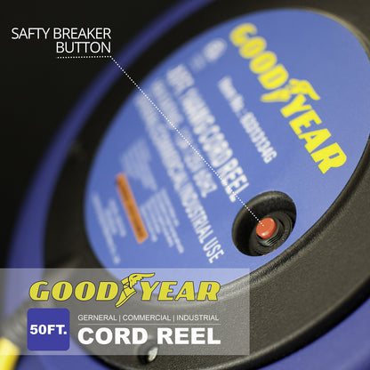 Goodyear Extension Cord Reel Retractable 16AWG x 50' Foot 3C/SJTOW Commercial Cable LED Triple Tap Connector Power 10A 125VAC 938W - WoodArtSupply