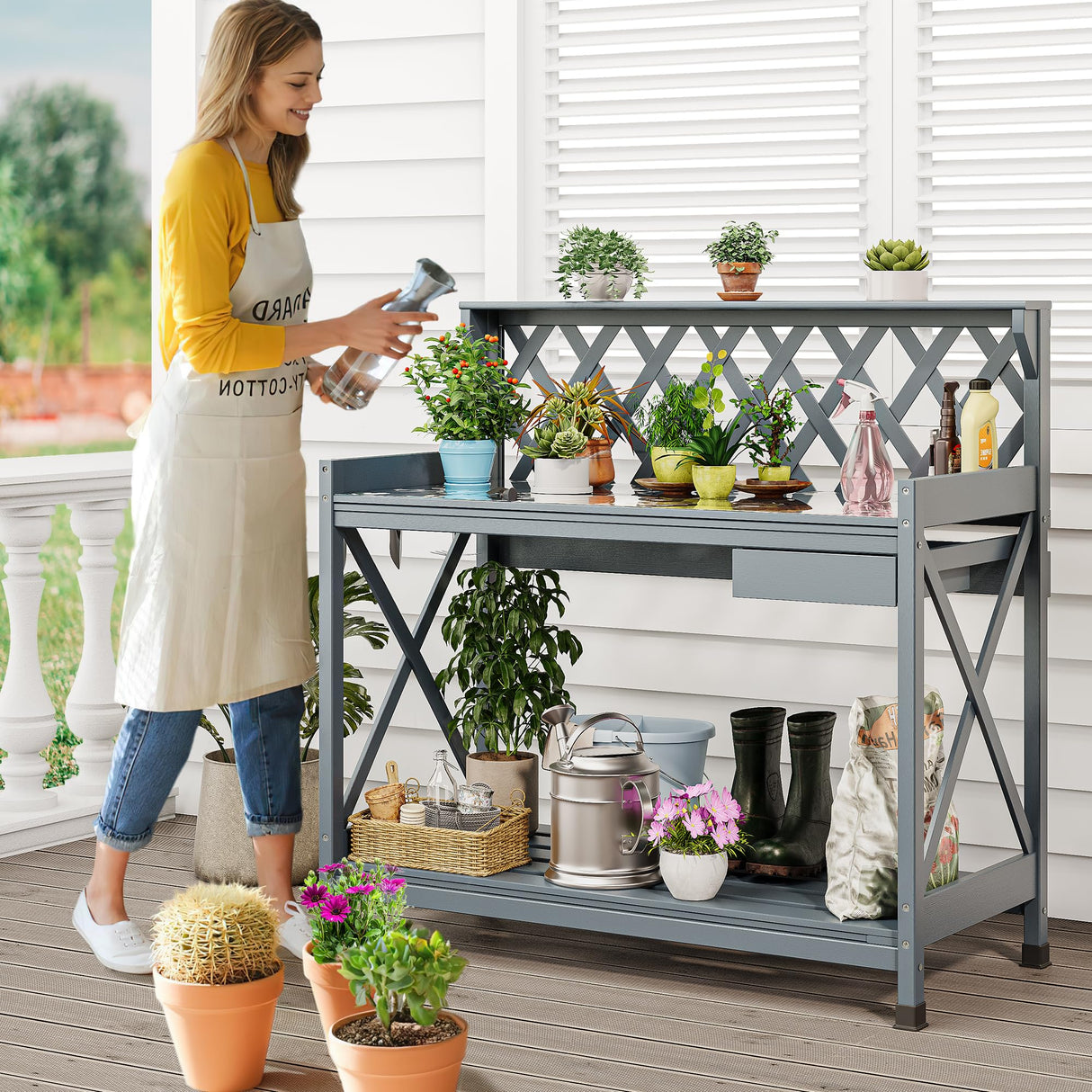 YITAHOME Potting Bench Table, Outdoor Garden Work Bench Station Table w/Drawer, Open Shelf, Hook, PVC Waterproof Mat (Grey) YITAHOME