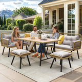 YITAHOME Patio Wicker L-Shaped Furniture Set, All-Weather Rattan Outdoor Conversation Sofa Set for Backyard Deck with Soft Cushions,Ottomans and Wood-Like Dining Table, Light Brown+Gray YITAHOME