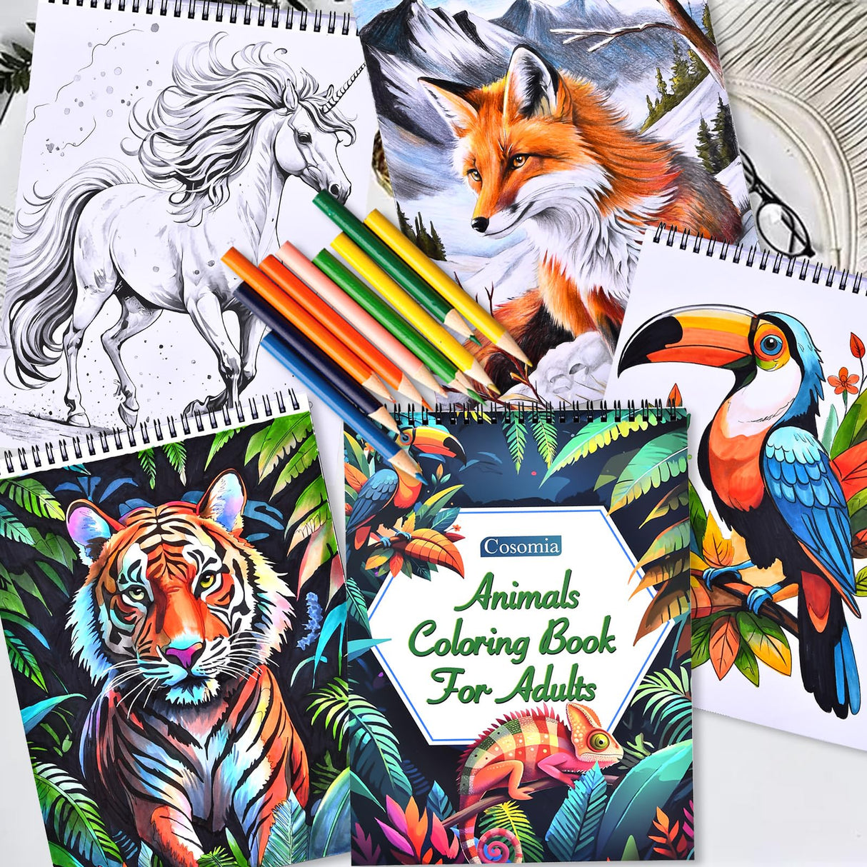 Cosomia Adult Coloring Books Set, 3 Fun Coloring Books for Adult Relaxation, 60 Pages of Flowers Nature Landscapes Animals, Brain Game for Adults Cosomia