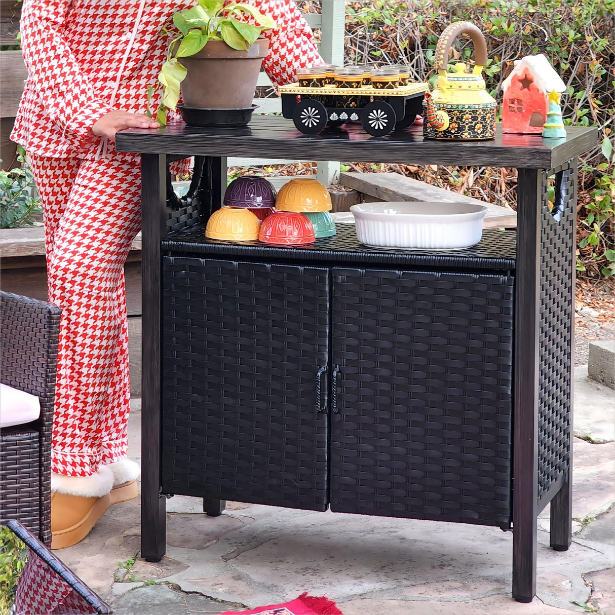 YITAHOME Outdoor Storage Cabinet, Patio Bar Table with Two Doors and Shelves, Weatherproof Wicker Storage Console Table for Outdoor Cushions, Pool Toys and Garden Potting - Black YITAHOME