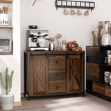 HOMCOM Industrial Farmhouse Buffet Cabinet, Kitchen Sideboard with Sliding Barn Doors, Three Drawers and Adjustable Shelves for Living Room, Rustic Brown HOMCOM