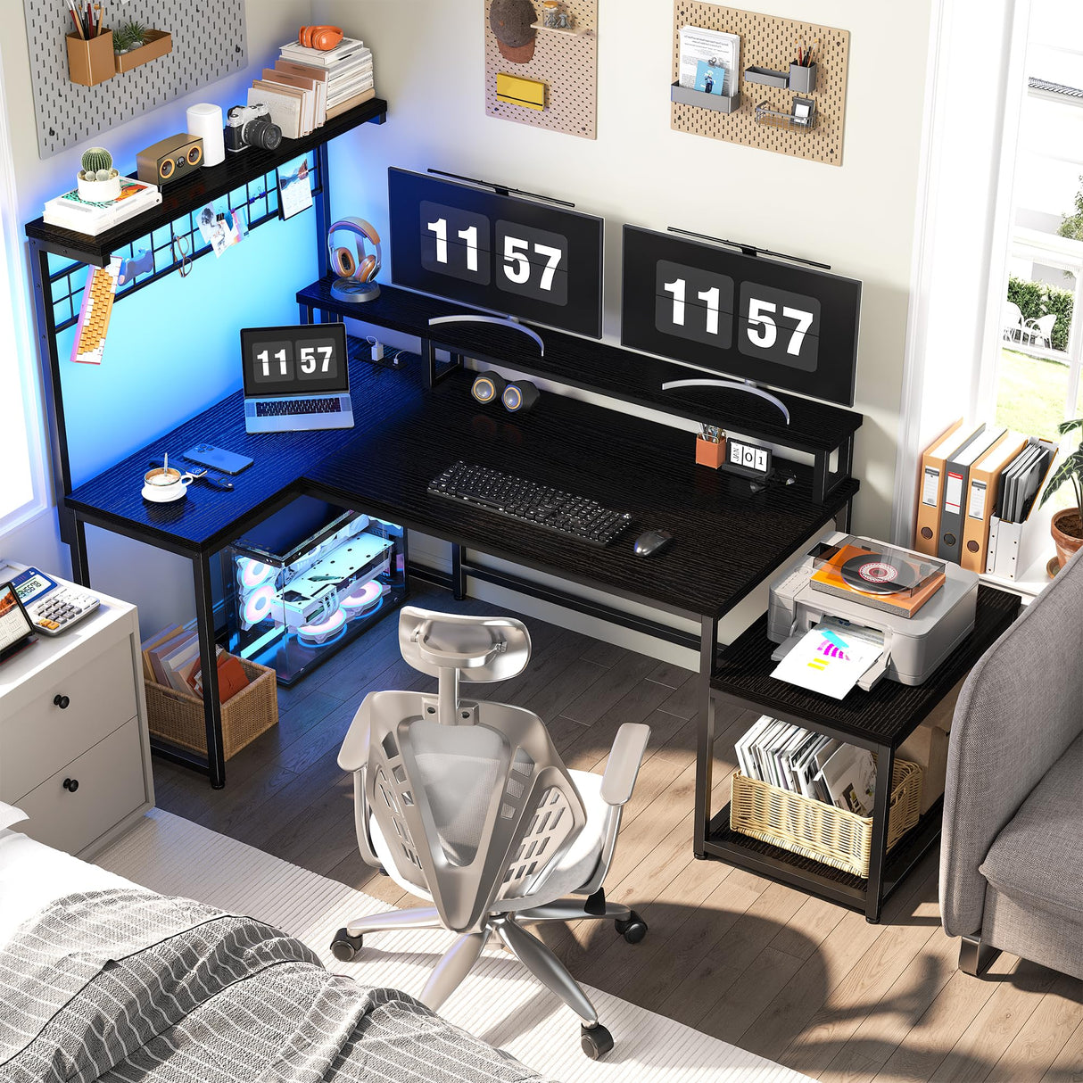 EnHomee L Shaped Gaming Desk with LED 55" Gaming Desk with Power Outlets Reversible L Shaped Desk with Long Monitor Stand & Storage Shelf,Cool Black Desk for Gaming Room,Home Office,Dorm,Black EnHomee